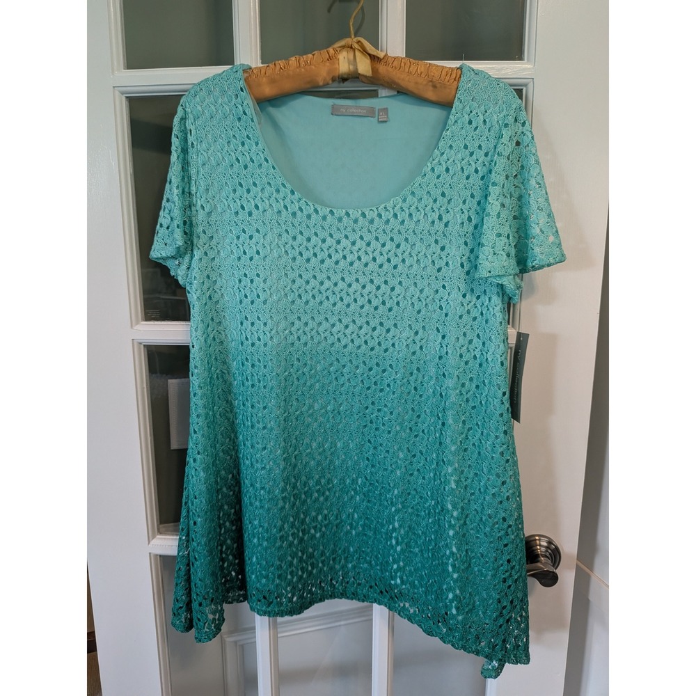 NY Collection Womens XL Teal Ombre Crochet Tunic Handkerchief Hem NEW
